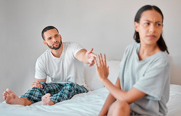 Image showing Couple fight, marriage divorce and cheating with conflict, sad and angry partner, frustrated and ignore in bed. Mental health, depression and problem with man and woman together in bedroom conflict