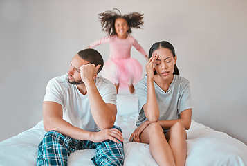 Image showing Adhd, child and parents with headache, stress and anxiety for autism management, energy fatigue and home problem. Marriage, noise and frustrated, tired or chaos with mother, father and hyper fast kid