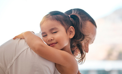 Image showing Father, girl or bonding hug in support, love or security in house, family home or adoption center. Smile, happy child or kid embracing man, dad or parent in Indonesian children foster centre in trust