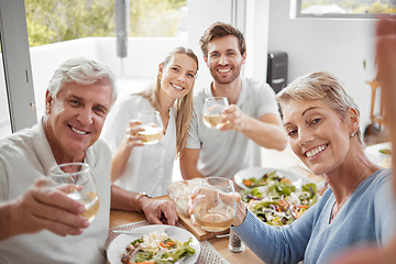 Image showing Cheers, family selfie and dinner together at table for celebration, happiness and champagne. Happy family, celebrate retirement and eating healthy lunch, senior parents and toast for love and support
