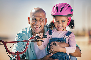 Image showing Summer, father and portrait of family with bike in sunshine for bond, wellness and happiness. Black family, care and smile of happy dad teaching young and cute daughter bicycle riding lesson.