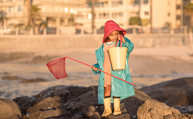 Image showing Beach, fishing and girl with a net and bucket standing on a rock by the ocean on vacation. Outdoor, nature and child at the seaside to catch fish in the sea water for an adventure while on holiday.