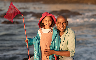 Image showing Father, child and family fishing trip while on vacation at a lake or sea together for bonding, happiness and quality time for love, care and development. Portrait of a man and daughter holding a net