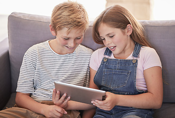 Image showing Relax, happy and tablet with children on sofa for streaming, internet and social media app together. Smile, online and technology with kids siblings in living room at home for video subscription