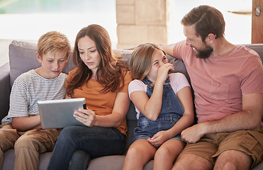 Image showing Family, sofa and tablet with children and parents streaming an online subscription in home living room. Kids, internet and video with a man, woman and kids or siblings watching series in the lounge