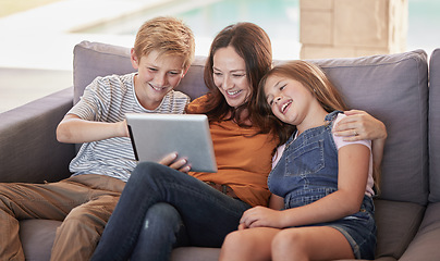 Image showing Relax, happy and tablet with mother and children on sofa for streaming, internet and social media app. Smile, subscription and movies with mom and kids in living room for family home for cartoon