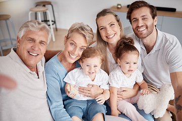 Image showing Selfie, family and children with grandparents, parents and girl siblings taking a photograph in a living room together. Kids, portrait and happy with a man, woman and daughter posing for a picture