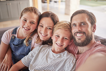 Image showing Family, children and parents taking a selfie in their home on the sofa in a lounge with love, care and a smile. Portrait and faces of a father, mother and happy kids bonding and making a memory