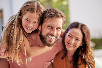 Image showing Happy family love, hug and fun portrait of mother, father and kid play outdoor games together for bonding time. Youth growth, childhood memory and face of mom, dad and young girl piggyback papa