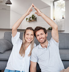 Image showing Real estate, security and couple with roof hands for safety, investment and insurance in their house. Property, happy and portrait of a man and woman with smile for future in their new home together
