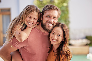 Image showing Bonding, happy and parents with child in the garden of their family home for summer, smile and relax. Real estate, peace and portrait of a girl kid with mother and father in the backyard of the house