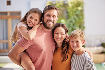 Image showing Happy family, hug and portrait outdoor with mother, dad and children bonding with love and care. Parents, kid and happiness of a big family smile about new home and summer fun in a house garden