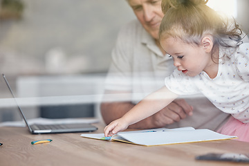 Image showing Children, remote work and family with a grandfather working from home while being a babysitter to his granddaughter. Kids, book and business with a senior man using a laptop with his grandchild