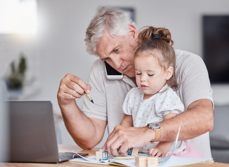 Image showing Remote, phone call and grandfather doing business with a child with toys for learning, education and playing in house. Entrepreneur, networking and senior man with mobile, laptop and girl with blocks