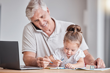 Image showing Drawing, color and child with grandfather in home doing fun art activity, working and sitting at table together. Family, love and young girl with crayons, coloring and bond with grandpa on phone call