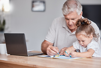 Image showing Drawing, color and grandfather with girl in home writing, bonding and doing fun art activity together. Family, love and grandpa sitting at table with young child coloring, using crayons and relax