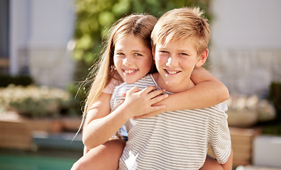 Image showing Children, hug and love, piggy back and happy in portrait together, young kids outdoor and family bonding in backyard. Brother and sister smile, relationship and care, spending quality time in nature