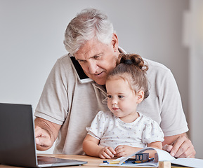 Image showing Senior man, child and phone call while working on laptop for remote work with grandfather babysitting girl in home office. Male with kid as family in house for bonding while doing freelance work