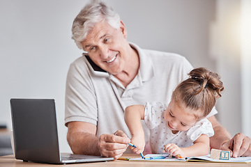 Image showing Laptop, phone call or senior man and child in remote working network, communication or marketing consulting. Smile, happy or grandfather bonding with girl, grandkid or working from home on technology