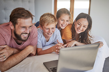 Image showing Laptop, family and children with a mother, father and kids bonding while watching a movie in a home bedroom. Computer, bed and streaming with a brother, sister and parents spending time together