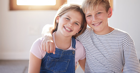 Image showing Boy, girl and family portrait, love and hug with smile, happy or at family home with, care, support or relax in home. Children, teen and siblings with happiness, living room and together in amsterdam