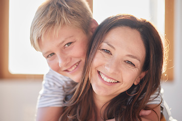 Image showing Happy, portrait and smile with mother and child for bonding, support and embrace together. Relax, quality time and hug with face of mom and son in family home for embrace, gratitude or care lifestyle