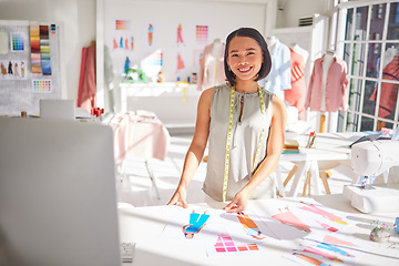 Image showing Asian, fashion and portrait of creative designer in workspace with clothing illustration paper. Small business, creativity and clothes design girl happy with progress in professional workplace.