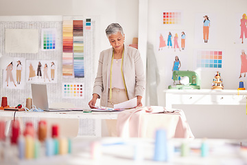 Image showing Design, fashion and senior woman in workshop looking at drawing, illustration and colour palette. Fashion design, small business and mature designer working in creative studio for clothing startup