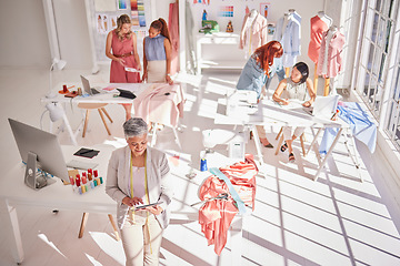 Image showing Fashion workshop, diversity or women working with tablet, fabric or design research for creative clothing strategy. Collaboration, teamwork or designer woman in workshop or manufacturing factory