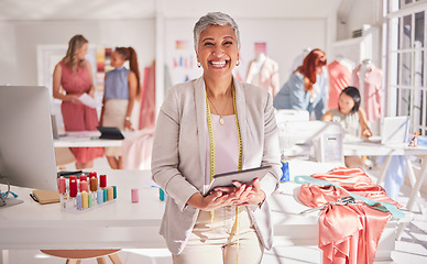 Image showing Retail, fashion and elderly woman with tablet for design management, ecommerce and inventory at a workshop with workers. Portrait, senior and small business owner excited about online store order