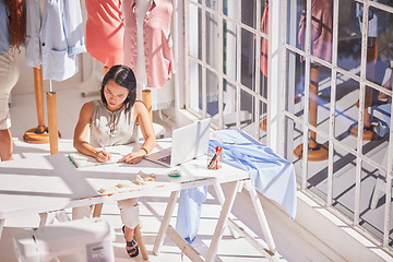 Image showing Business woman, laptop and writing in design for fashion, stylist or planning at the workshop. Female small business owner or designer in creative strategy or checking inventory in notebook at office