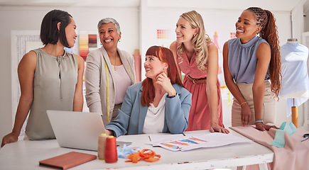 Image showing Business, clothes designer and women collaboration of creative fashion workers planning a project. Sewing, boutique and diversity of a startup clothing company with strategy communication for website