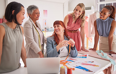 Image showing Fashion designer, women diversity and teamwork collaboration with laptop, paper design or color pattern. Smile, happy and talking creative seamstress workers in clothes manufacturing workshop studio