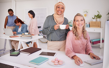 Image showing Business diversity, creative collaboration and women office employees working together on digital marketing, design and advertising project. Startup design leadership, Muslim woman and a happy smile