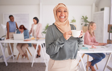 Image showing Happy muslim, coffee or woman for leadership in office for teamwork, planning or collaboration. Lady with tea, portrait or manager for strategy goal, Islamic or company target success with smile