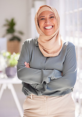 Image showing Success, leadership and portrait of Muslim woman in office with crossed arms, smile and confidence. Empowerment, professional and happy female worker standing in workspace for marketing startup