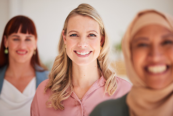 Image showing Diversity portrait, leadership or business woman for motivation, empowerment or teamwork in office with smile. Happy women, collaboration or business people in company vision support, mission or goal