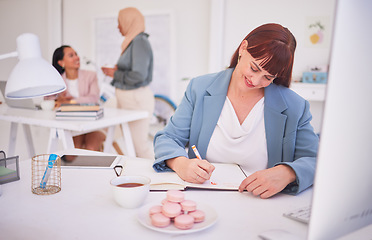 Image showing Business, woman and writing in book while on tea break with snacks in office and planning schedule. Corporate businesswoman, journal or notebook write of ideas, vision and list or strategy