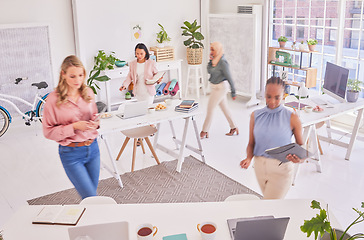 Image showing Diversity. office, busy and women walking, moving fast and planning advertising campaign or global marketing research. Startup company, small business people and team coworking in London workplace