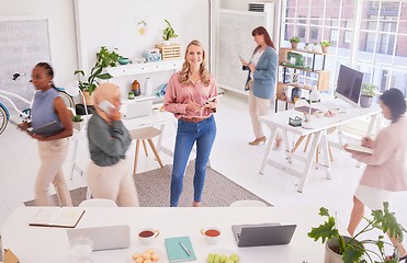 Image showing Office, Portrait and busy business woman in startup workspace for marketing agency planning. Creative, productivity and workflow of people manager happy with employee commitment, trust and hard work