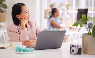 Image showing Asian woman, thinking and laptop in startup, small business or photography agency with smile. Digital creative photographer and office pc with vision, dream or happiness in for inspiration at job