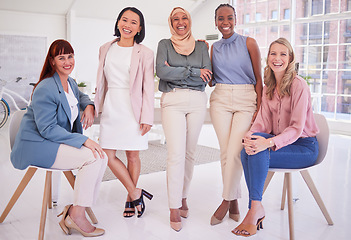 Image showing Happy, leadership or diversity portrait of women in motivation, empowerment or teamwork collaboration in office. Business people, corporate or team building in company group, success or mission goal