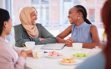 Image showing Food, women and business friends eating while bonding over tea and dessert in a coffeeshop. Coffee, tea and cafe with diverse female corporate group enjoying snacks or meal together while planning