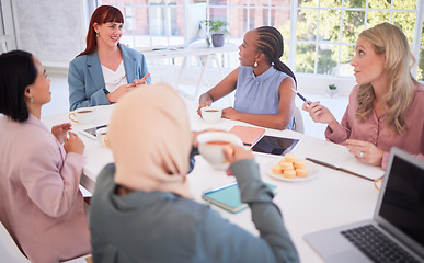 Image showing Planning, business meeting and diversity women for startup marketing, advertising agency and company empowerment planning. Inclusion, equality and strategy corporate people communication in workspace