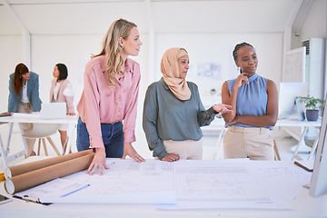 Image showing Architect, building blueprint or diversity women with planning, collaboration or consulting floor design in office. Architecture, business people or teamwork for real estate property development plan