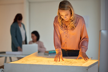 Image showing Architect, planning and woman with blueprint in office for design, idea and building project, goal and innovation. Construction, plan and engineer documents for project management, vision and sketch