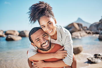 Image showing Couple, piggyback or bonding on beach by ocean, sea or rock pool water in Brazilian summer holiday. Portrait, smile or happy man carrying woman in fun activity, love or support trust in nature travel