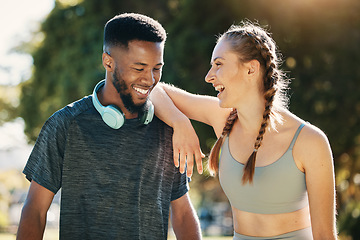 Image showing Fitness, laugh and fun with a diversity couple outdoor for exercise together in a park during summer. Sports, workout and training with a man and woman runner outside for health, cardio or endurance