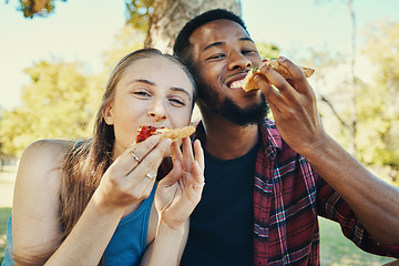 Image showing Pizza, park and friends or couple eating outdoor with summer, nature and happy portrait. Picnic, gen z and fast food of hungry, relax and diversity people on a garden date together in summer holiday