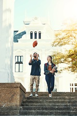 Image showing Campus, diversity and students walking outdoor with education or gen z communication on books, learning and fitness in summer. Young couple, friends or college people together talking of scholarship